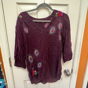 Johnny Was Purple Peacock Embroidered Rayon top